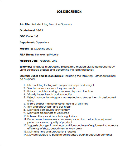 Machine Operator Job Description Template - 9+ Free Word, PDF Format