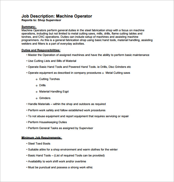 shop supervisor machine operator job description free pdf