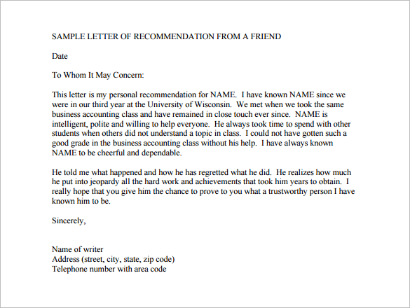 Recommendation Letter For A Friend Sample from images.template.net