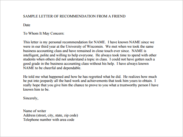 sample letter of recommendation for a friend