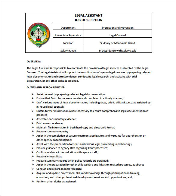 family law legal assistant job description free pdf template