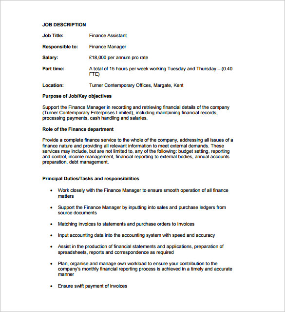 Financial Assistant Job Description Template 9 Free Word PDF Format 