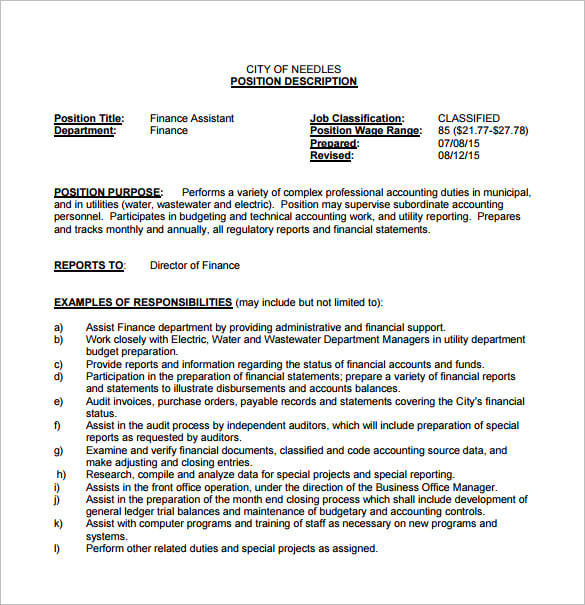 licensed financial assistant job description pdf free download