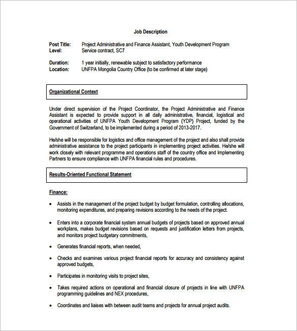 Financial Assistant Job Description Template 9 Free Word PDF Format 