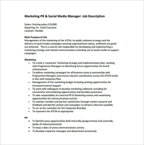 marketing manager job description for social media free pdf template