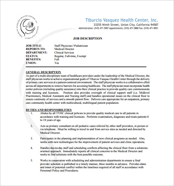 Pediatrician Job Description Template 7+ Free Word, PDF Format Download!