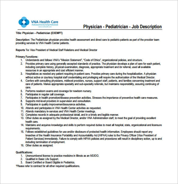 free pediatrician doctor job description pdf template