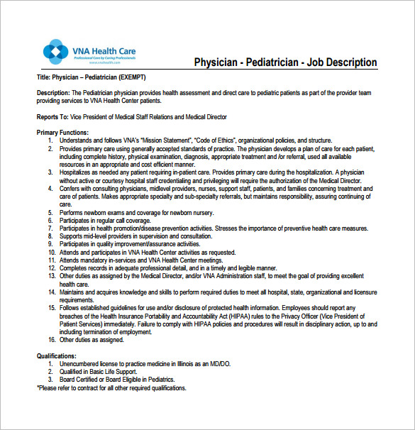 Pediatrician Job Description Templates 6+ Free Sample, Example