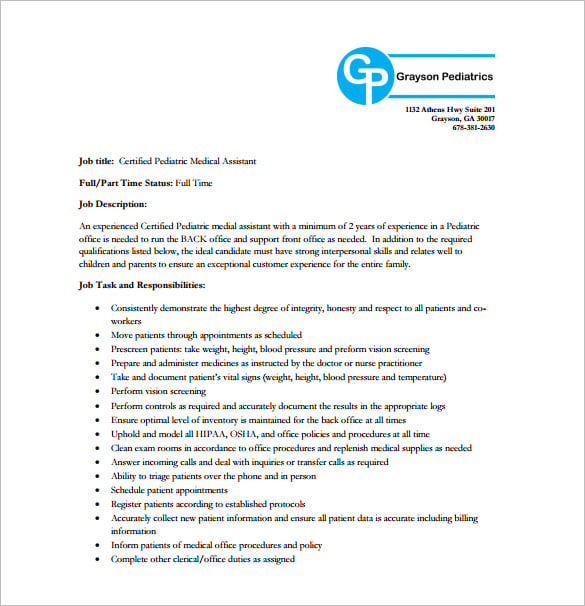 pediatrician assistant job description free pdf download