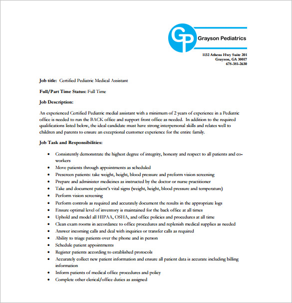 Pediatrician Job Description Templates 6+ Free Sample, Example