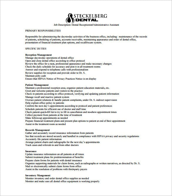 receptionist job description for dental free pdf download