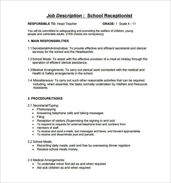 free school receptionist job description pdf download