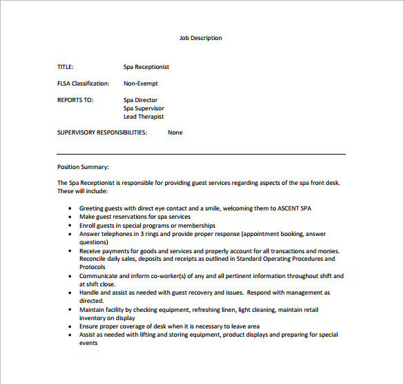 Receptionist Job Description Template 11 Free Word PDF Format Download   Spa Receptionist Job Description PDF Free Download 