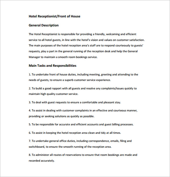 hotel receptionist job description pdf free download