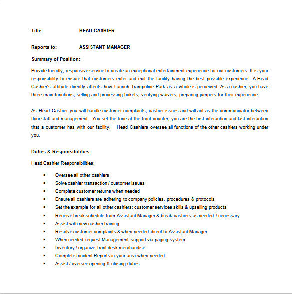 Cashier Job Description Template 12 Free Word PDF Format Download 