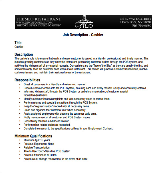 Cashier Job Description For Restaurant PDF Free Download 