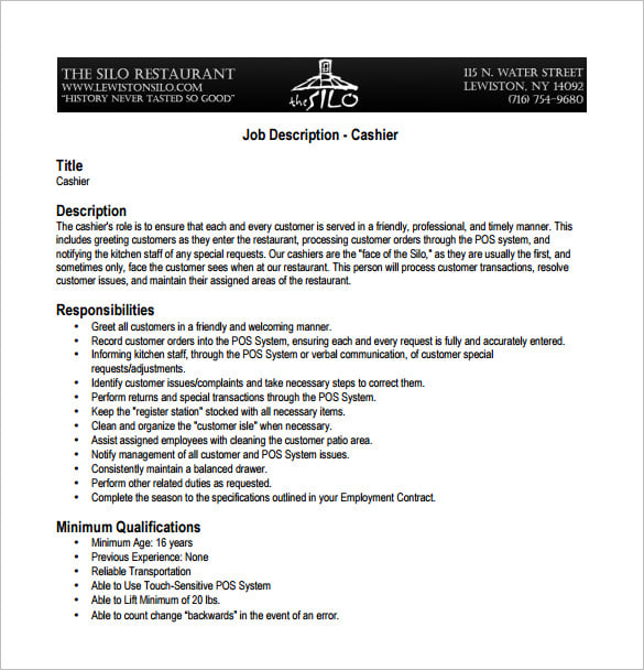 cashier server job description for resume