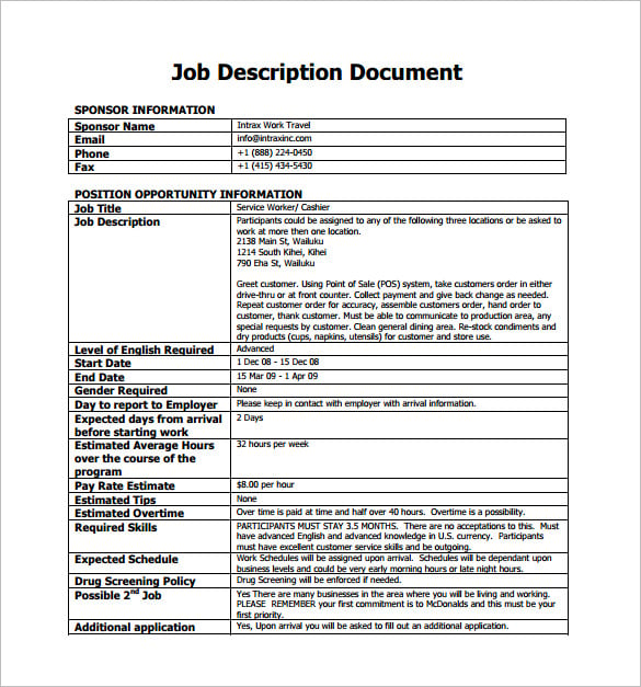 cashier job description template for mcdonalds free pdf download