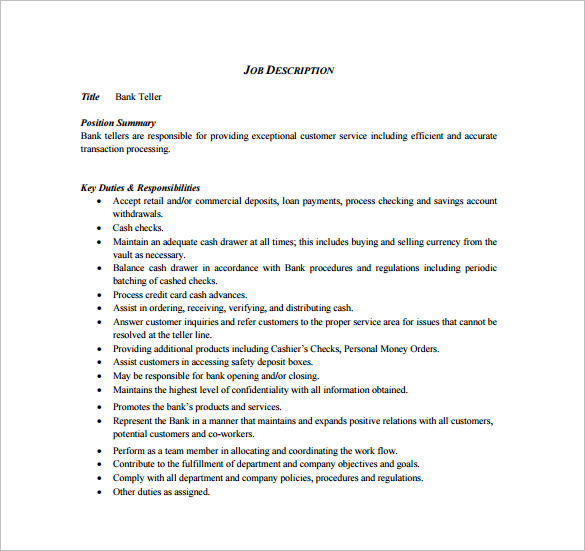 bank cashier job description free pdf template