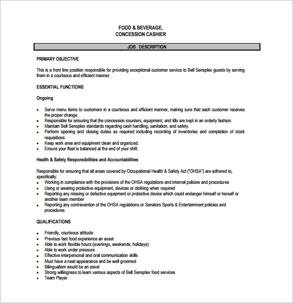 Cashier Job Description Sample | Master of Template Document