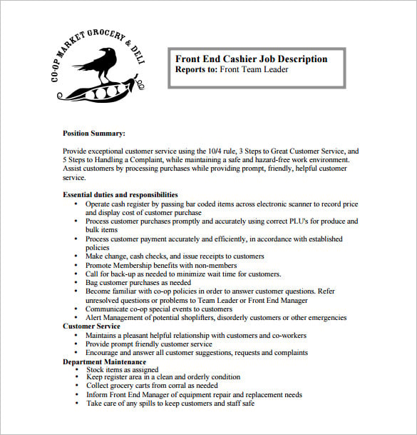 front end cashier job description free pdf template