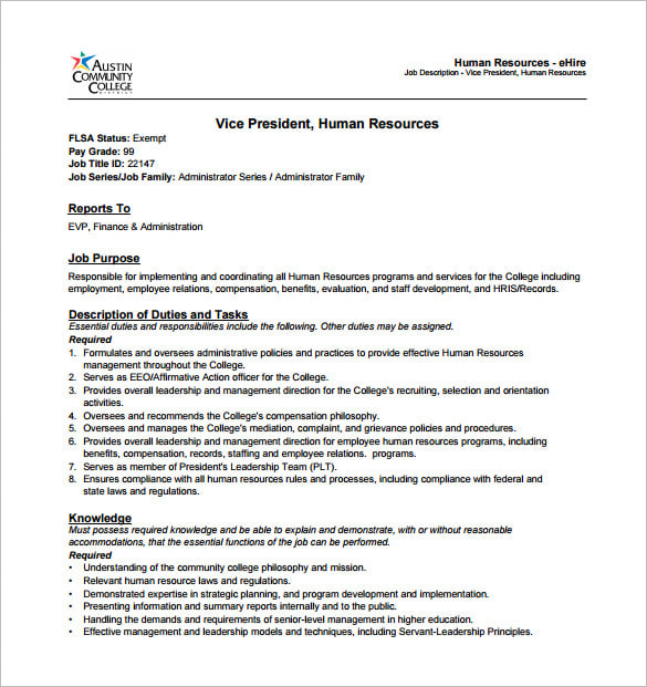 Examples of human resources job descriptions