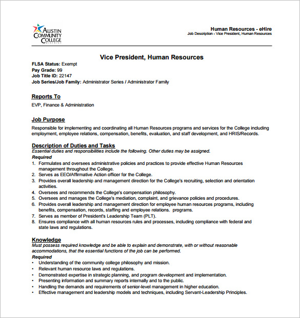 human resource job description for vice president free pdf download