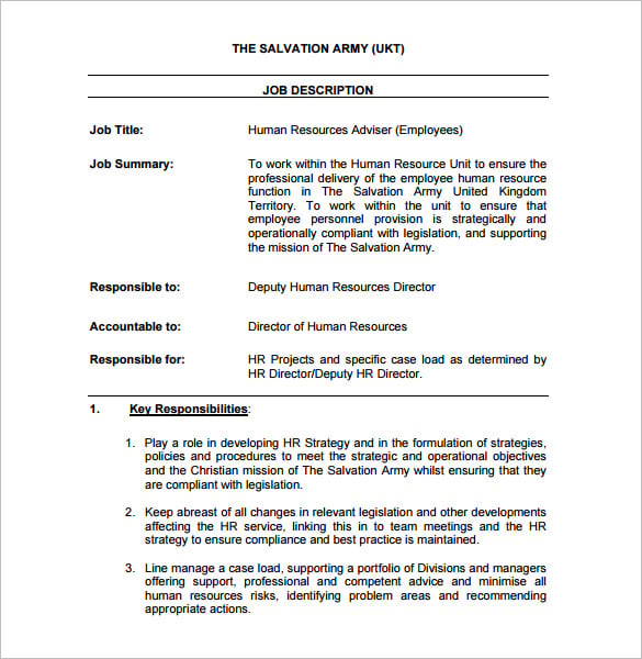 free human resource job description for army pdf download