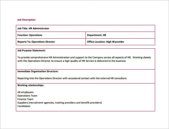 hr administration job description free pdf template download
