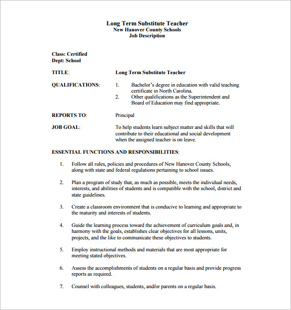 Substitute Teacher Job Description Template 8 Free Word PDF Format 