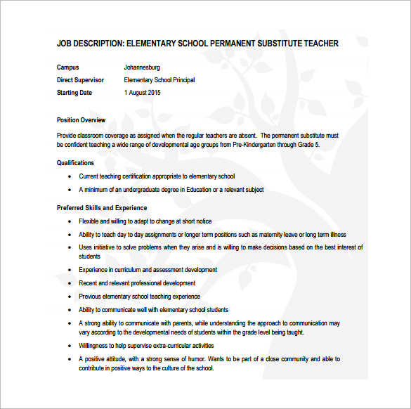 7+ Substitute Teacher Job Description Templates Free Sample, Example