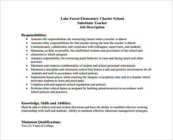 elementary school substitute teacher job description pdf free download