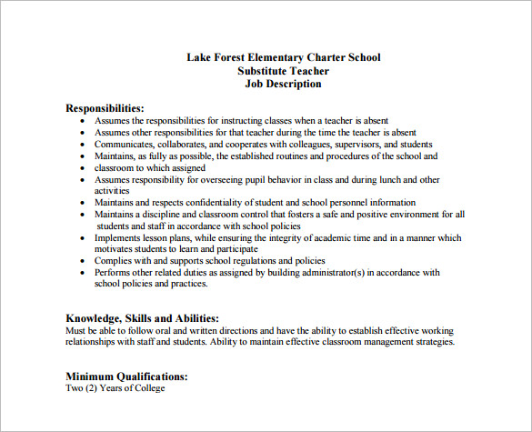 Substitute Teacher Job Description Template 8 Free Word PDF Format   Elementary School Substitute Teacher Job Description PDF Free Download 