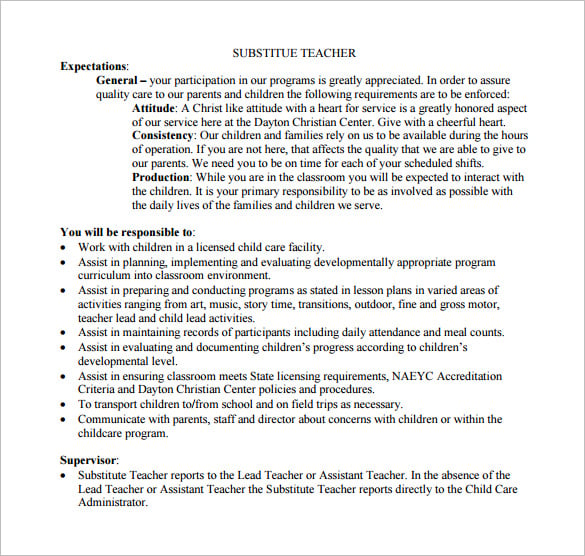 free substitute teacher job description for day care pdf download