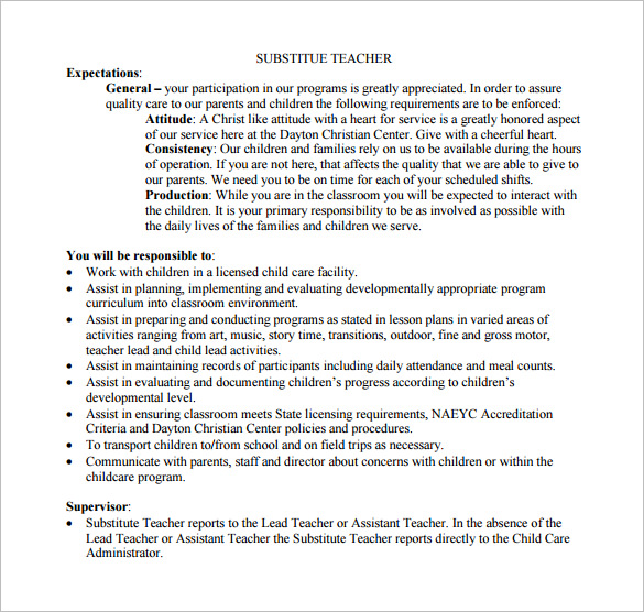 7+ Substitute Teacher Job Description Templates Free Sample, Example
