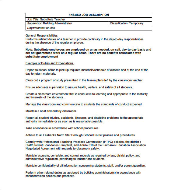 substitute math teacher job description free pdf download