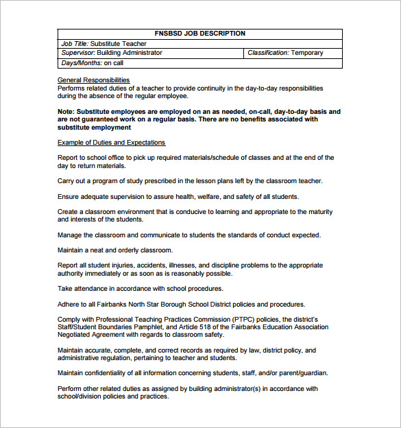 7+ Substitute Teacher Job Description Templates - Free Sample, Example ...