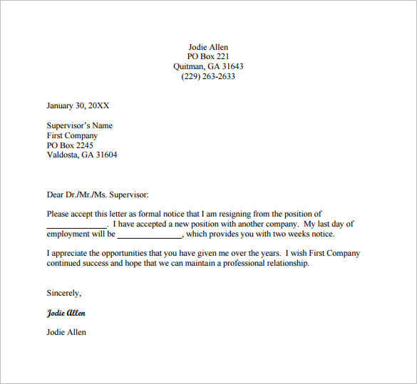 email resignation letter to supervisor example pdf free download