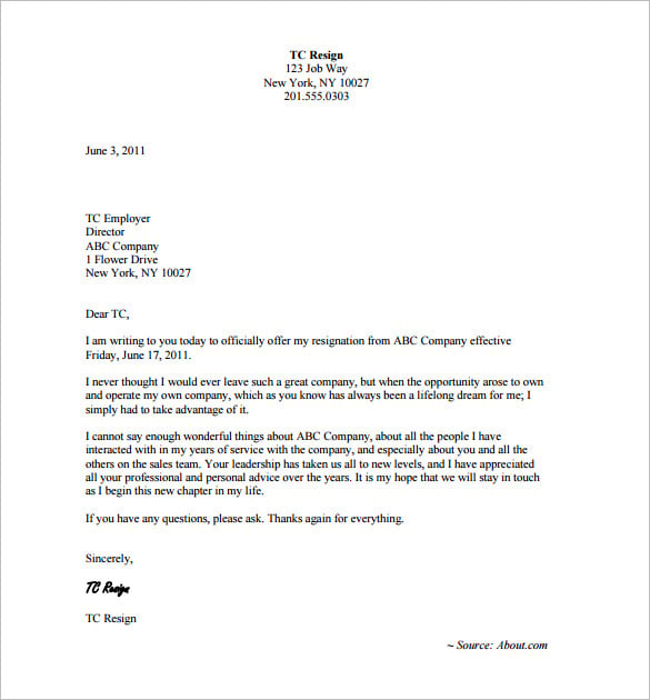 work resignation letter template