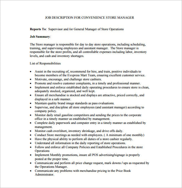 Stores manager job description pdf