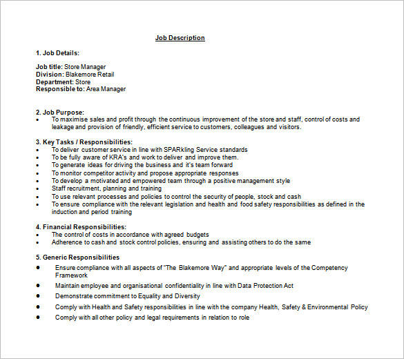 Assistant Manager Convenience Store Job Description   Depart Store Manager Job Description Free Word Download 