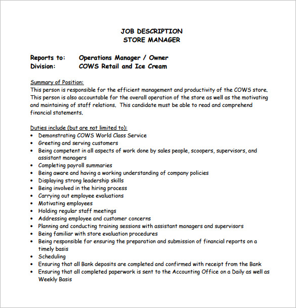 11+ Store Manager Job Description Templates Free Sample, Example