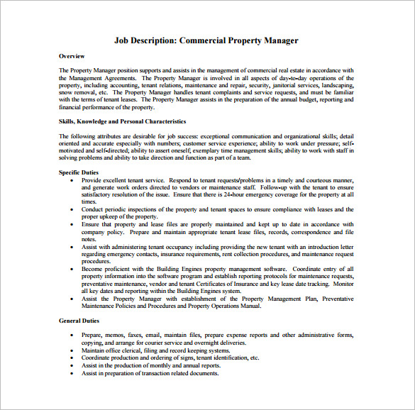 free commercial property manager job description pdf download
