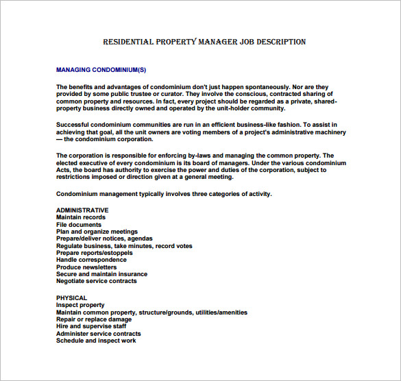 9+ Property Manager Job Description Templates Free Sample, Example