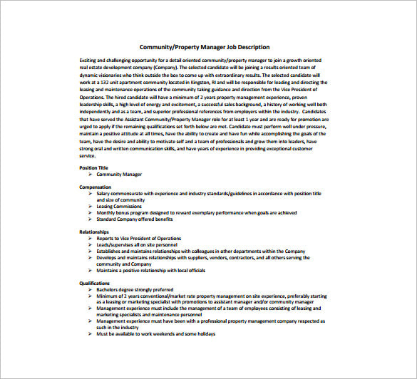 community property manager job description free pdf template
