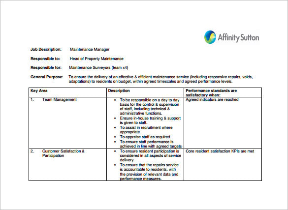 free property maintenence manager job description pdf template