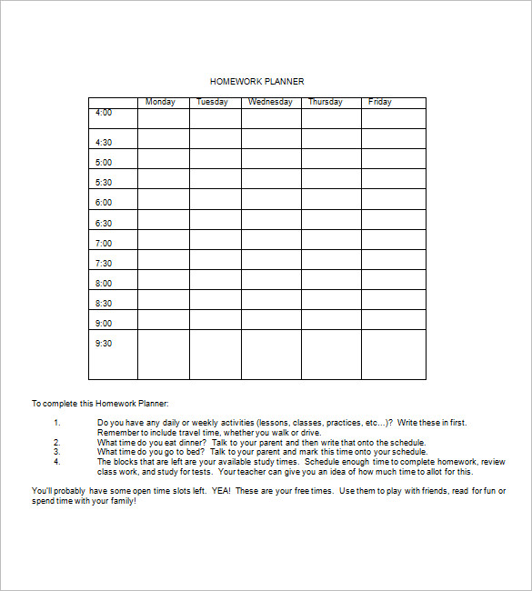 weekly homework planner excel