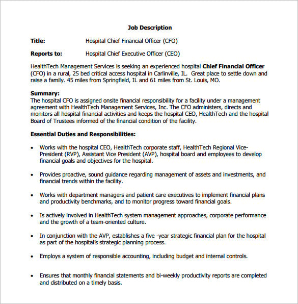 hospital cfo job description free pdf download