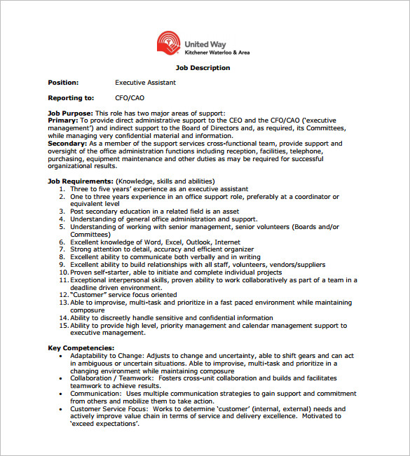 executive assistant cfo job description free pdf template