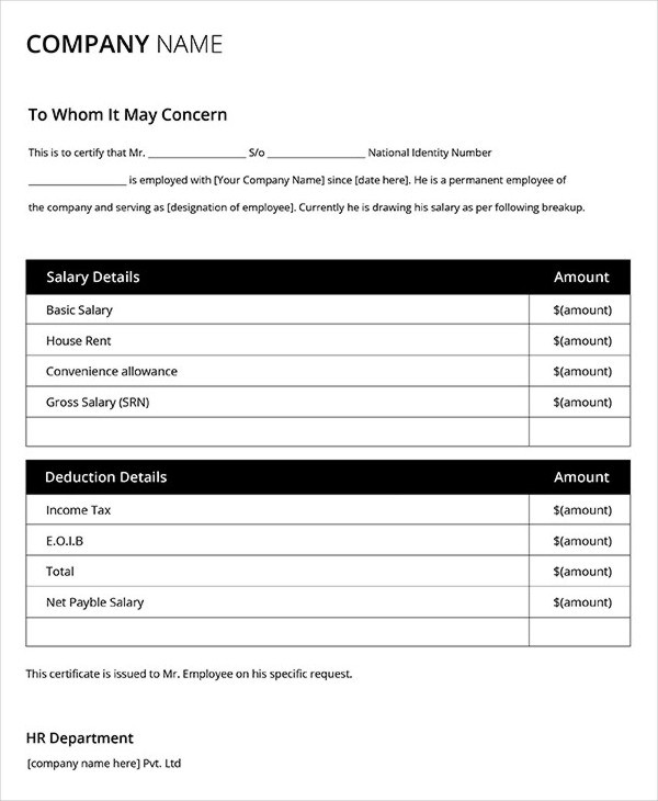 Salary Certificate Template 25 Free Word Excel PDF